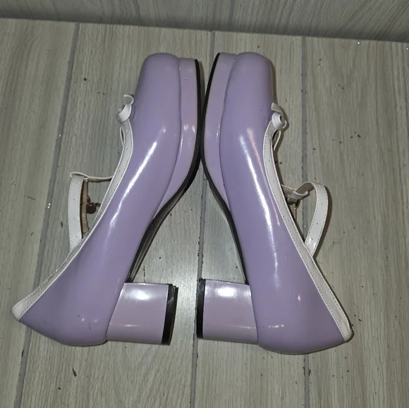 Jingpin Womens Lavender Pin Up Girl Mary Jane Shoes Block Heel Bow Pearl Charm - Picture 4 of 10